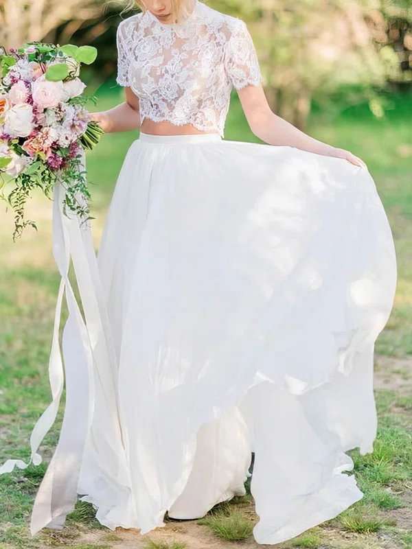 A-line Illusion Lace Chiffon Sweep Train Wedding Dresses #UKM00024051