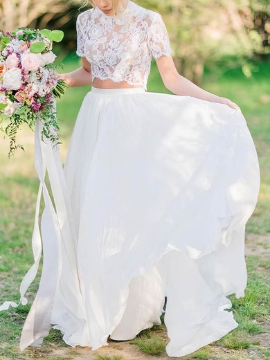 A-line Illusion Lace Chiffon Sweep Train Wedding Dresses #UKM00024051