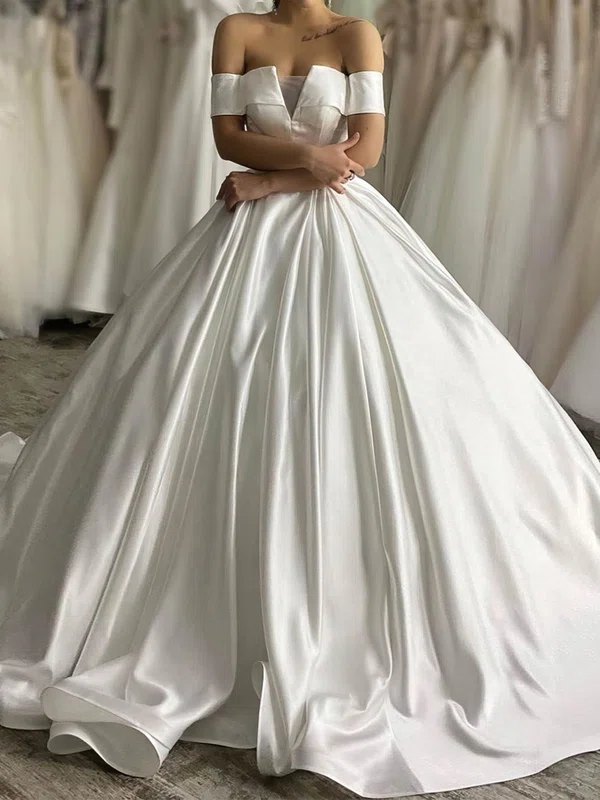 Ball Gown/Princess Off-the-shoulder Satin Court Train Wedding Dresses #UKM00024052