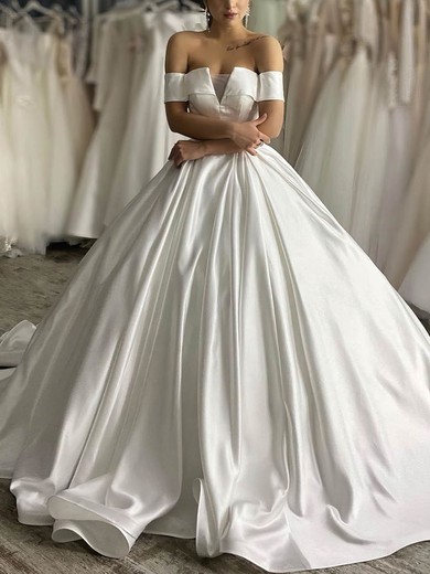 Silk-like Satin Off-the-shoulder Ball Gown Court Train Wedding Dresses #UKM00024052