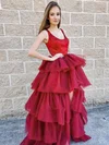 Satin Tulle Square Neckline A-line Sweep Train Tiered Prom Dresses #UKM020107255