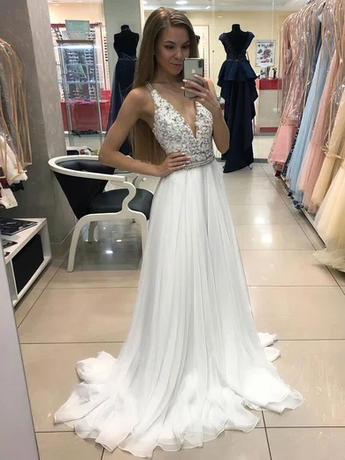 A-line Sweep Train V-neck Chiffon Beading Prom Dresses #UKM020107256