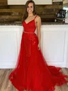 Ball Gown/Princess Sweep Train V-neck Tulle Beading Prom Dresses #UKM020107261