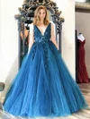 Tulle V-neck Ball Gown Sweep Train Appliques Lace Prom Dresses #UKM020107262