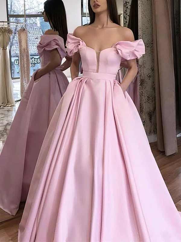 Ball Gown Off-the-shoulder Silk-like Satin Sweep Train Pockets Prom Dresses #UKM020107264