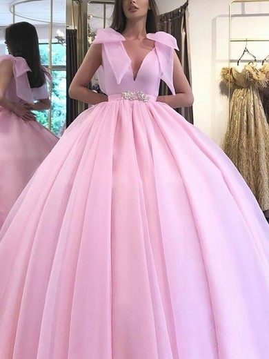 Organza V-neck Ball Gown Sweep Train Beading Prom Dresses #UKM020107272