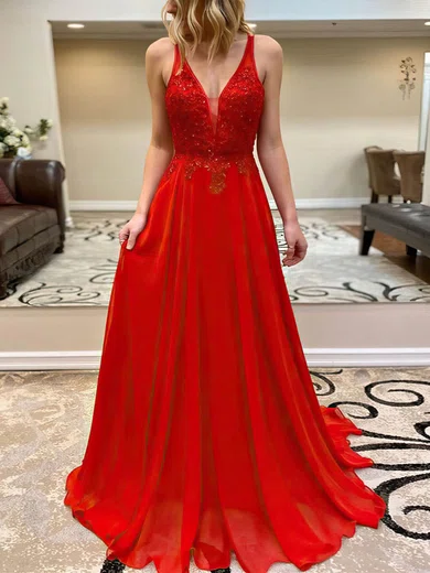 Chiffon V-neck A-line Sweep Train Beading Prom Dresses #UKM020107280