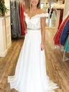 Chiffon Off-the-shoulder A-line Sweep Train Beading Prom Dresses #UKM020107294