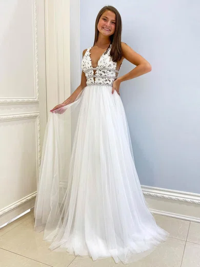 Tulle V-neck A-line Sweep Train Beading Prom Dresses #UKM020107301