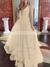 Tulle V-neck A-line Sweep Train Prom Dresses #UKM020107304