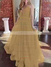 Tulle V-neck A-line Sweep Train Prom Dresses #UKM020107304