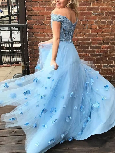 Tulle Off-the-shoulder Ball Gown Floor-length Appliques Lace Prom Dresses #UKM020107305