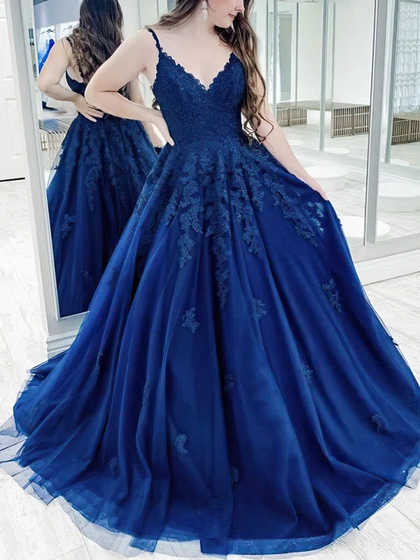 Ball Gown V-neck Tulle Sweep Train Appliques Lace Prom Dresses #UKM020107310