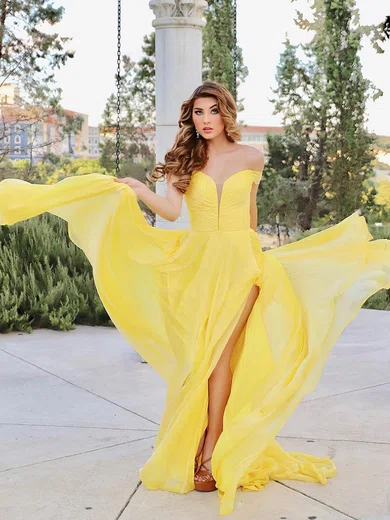 Chiffon Off-the-shoulder A-line Sweep Train Split Front Prom Dresses #UKM020107312