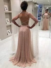 A-line Scoop Neck Tulle Sweep Train Pearl Detailing Prom Dresses #UKM020107313