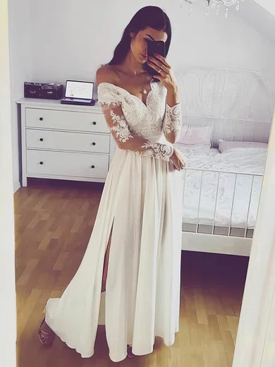 Chiffon Off-the-shoulder A-line Floor-length Appliques Lace Prom Dresses #UKM020107321