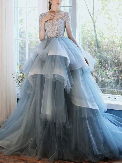 Tulle Scoop Neck Ball Gown Sweep Train Beading Prom Dresses #UKM020107322