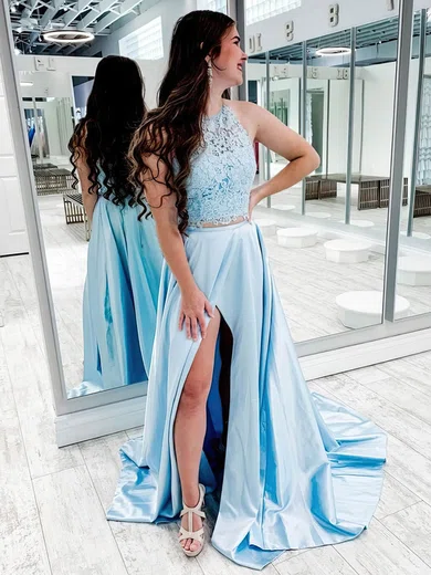 Lace Silk-like Satin Scoop Neck A-line Sweep Train Split Front Prom Dresses #UKM020107329