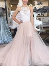 Ball Gown Scoop Neck Tulle Sweep Train Appliques Lace Prom Dresses #UKM020107335