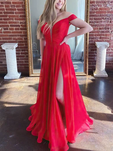 A-line Sweep Train Off-the-shoulder Chiffon Split Front Prom Dresses #UKM020107341