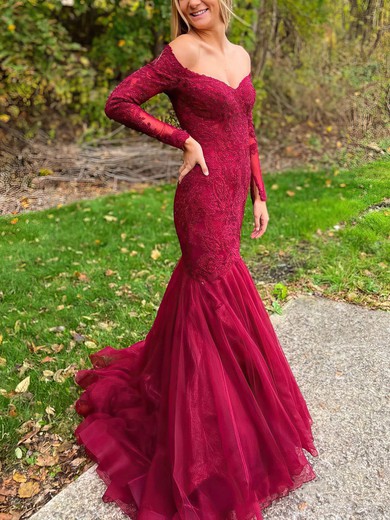 Tulle Glitter Off-the-shoulder Trumpet/Mermaid Sweep Train Beading Prom Dresses #UKM020107343