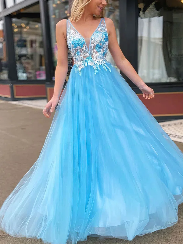 Ball Gown/Princess Floor-length V-neck Tulle Appliques Lace Prom Dresses #UKM020107345