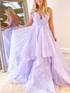 Ball Gown/Princess Sweep Train V-neck Glitter Tiered Prom Dresses #UKM020107348