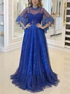 Ball Gown/Princess Sweep Train Scoop Neck Lace Tulle Prom Dresses #UKM020107353