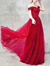 Tulle Off-the-shoulder A-line Floor-length Beading Prom Dresses #UKM020107354