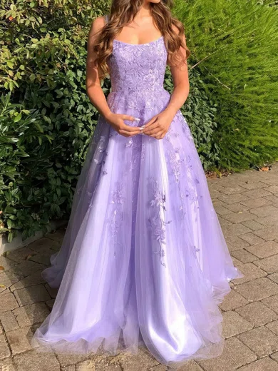 Ball Gown Scoop Neck Tulle Prom Dresses With Appliques #UKM020107371