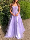 Ball Gown Scoop Neck Tulle Sweep Train Appliques Lace Prom Dresses #UKM020107371