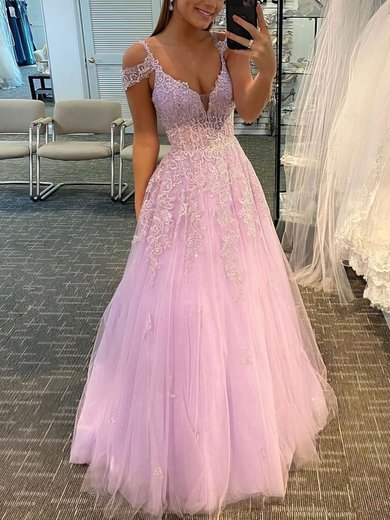 Tulle V-neck A-line Sweep Train Appliques Lace Prom Dresses #UKM020107376
