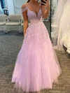 Ball Gown/Princess Floor-length V-neck Tulle Appliques Lace Prom Dresses #UKM020107376