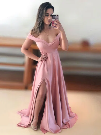 Silk-like Satin Off-the-shoulder A-line Sweep Train Split Front Prom Dresses #UKM020107384