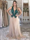 Tulle V-neck A-line Sweep Train Appliques Lace Prom Dresses #UKM020107388