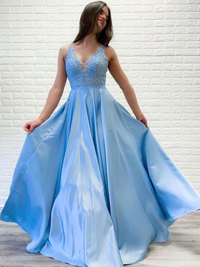 Silk-like Satin V-neck A-line Sweep Train Appliques Lace Prom Dresses #UKM020107390
