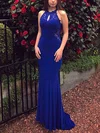 Jersey Scoop Neck Trumpet/Mermaid Sweep Train Appliques Lace Prom Dresses #UKM020107392