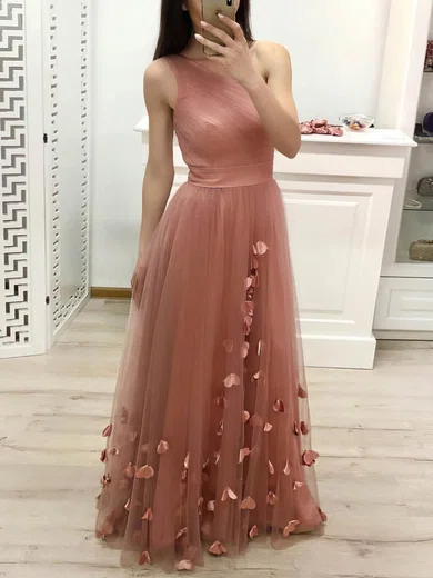 Tulle Scoop Neck A-line Floor-length Flower(s) Prom Dresses #UKM020107396