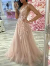 Tulle V-neck A-line Sweep Train Appliques Lace Prom Dresses #UKM020107403