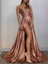Ball Gown/Princess Sweep Train One Shoulder Silk-like Satin Split Front Prom Dresses #UKM020107408