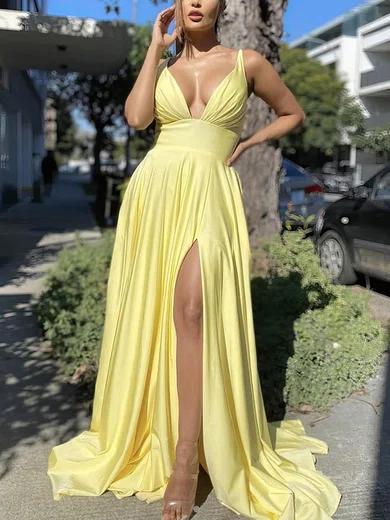 Silk-like Satin V-neck A-line Sweep Train Split Front Prom Dresses #UKM020107409