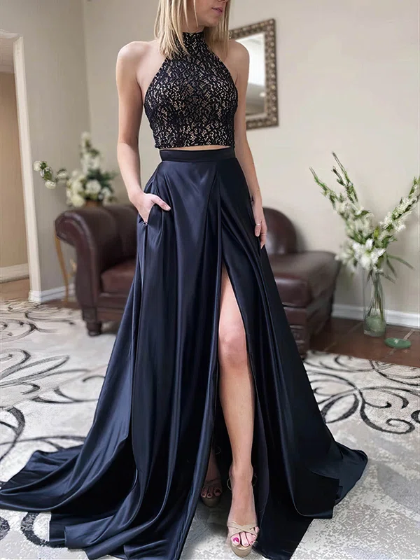 Ball Gown High Neck Lace Silk-like Satin Sweep Train Pockets Prom Dresses #UKM020107411
