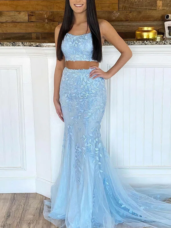 Trumpet/Mermaid Sweep Train Scoop Neck Tulle Appliques Lace Prom Dresses #UKM020107417