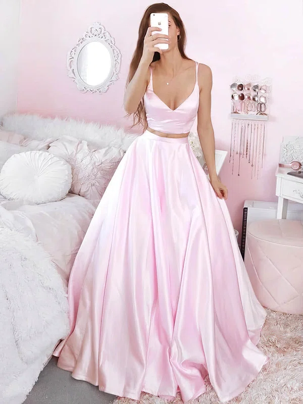 Ball Gown V-neck Satin Floor-length Prom Dresses #UKM020107420