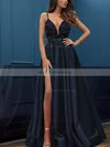 Satin V-neck A-line Sweep Train Appliques Lace Prom Dresses #UKM020107424