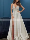 Satin V-neck A-line Sweep Train Appliques Lace Prom Dresses #UKM020107424