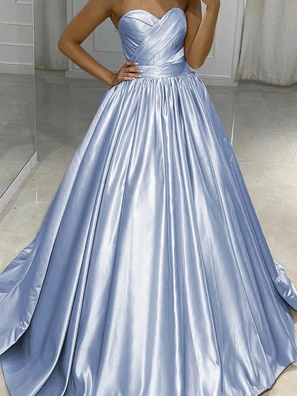 Ball Gown Sweetheart Silk-like Satin Sweep Train Ruffles Prom Dresses #UKM020107431