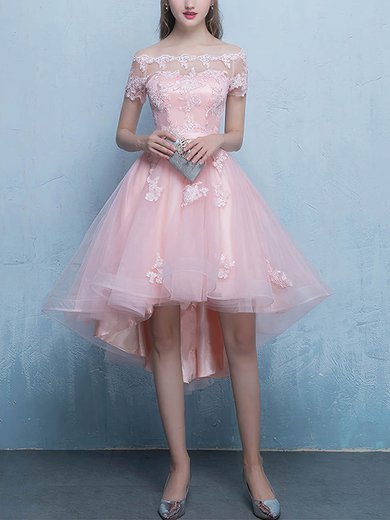 Tulle Off-the-shoulder A-line Asymmetrical Appliques Lace Prom Dresses #UKM020107434