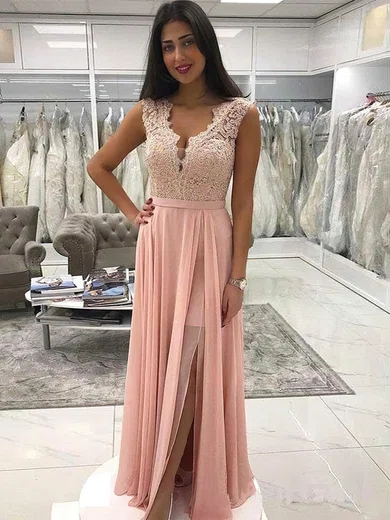Chiffon V-neck A-line Floor-length Split Front Prom Dresses #UKM020107438