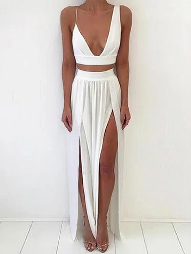 Chiffon V-neck A-line Floor-length Split Front Prom Dresses #UKM020107445